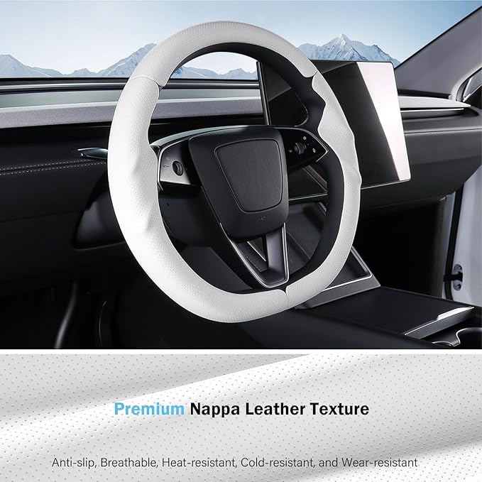 Steering Wheel Cover for Tesla Model 3 Highland(2024-Present)/ Model Y Juniper(2025-Present),Anti-Slip,Comfortable Grip,Breathable,Customized for Tesla Model 3/Y Accessories,Nappa White