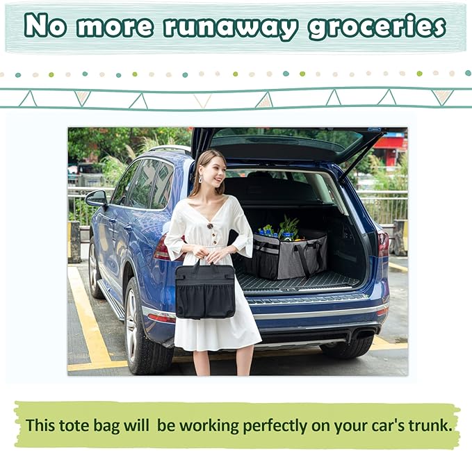 Muzale Extra Large Utility Tote Bag with Wire Frame Collapsible Reusable Grocery Bags Heavy Duty Shopping Bags for Groceries with Handles Trunk Organizer for Beach Travel Picnics Camping Laundry
