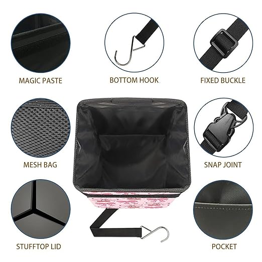 Pink Bow Car Trash Can with Lid Collapsible Reusable Waterproof Car Garage Bag,Automotive Garbage Can,Car Accessories Interior Car Organizer