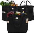 Nook Theory 3-Pack Reusable Grocery Bags - Heavy Duty, Large 12 Oz Cotton Canvas Reusable Shopping Bags With Pockets, 100% Cotton Cloth Grocery Totes, Foldable Multi Compartment (Black)