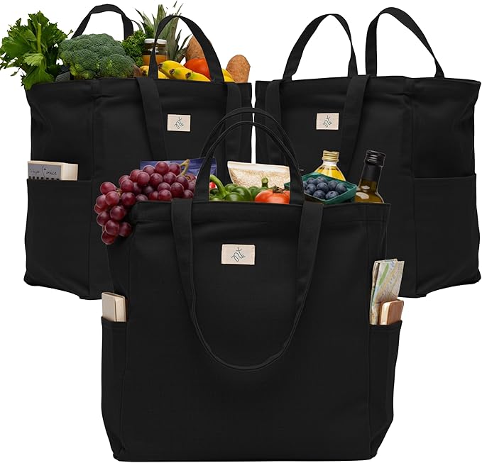 Nook Theory 3-Pack Reusable Grocery Bags - Heavy Duty, Large 12 Oz Cotton Canvas Reusable Shopping Bags With Pockets, 100% Cotton Cloth Grocery Totes, Foldable Multi Compartment (Black)