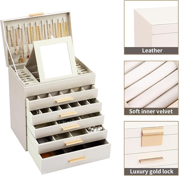 BOOVO Jewelry Boxes for Women, White and Black 6 Layer Large Jewelry Box for Necklace, Bracelet, Earrings, Rings Storage, Jew