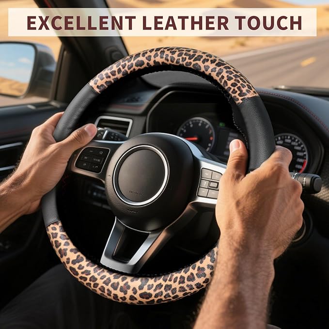 Leopard Steering Wheel Cover Leather 14.5-15 Inch, Bling Rhinestones, Anti-Slip Design, Universal Fit for Cars, SUVs, Cute De