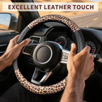 Leopard Steering Wheel Cover Leather 14.5-15 Inch, Bling Rhinestones, Anti-Slip Design, Universal Fit for Cars, SUVs, Cute De