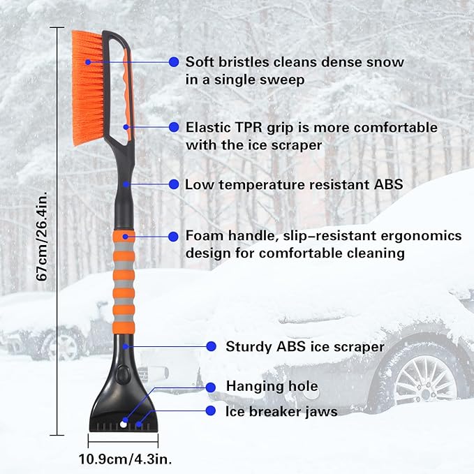 Snow Brush and Ice Scraper for Car Windshield,26.4" Window Scraper Deicer for Car SUV and Truck,Ice Scrapers and Brushes 2 in 1,Winter Car Automotive Exterior Accessories(2Pack Orange)