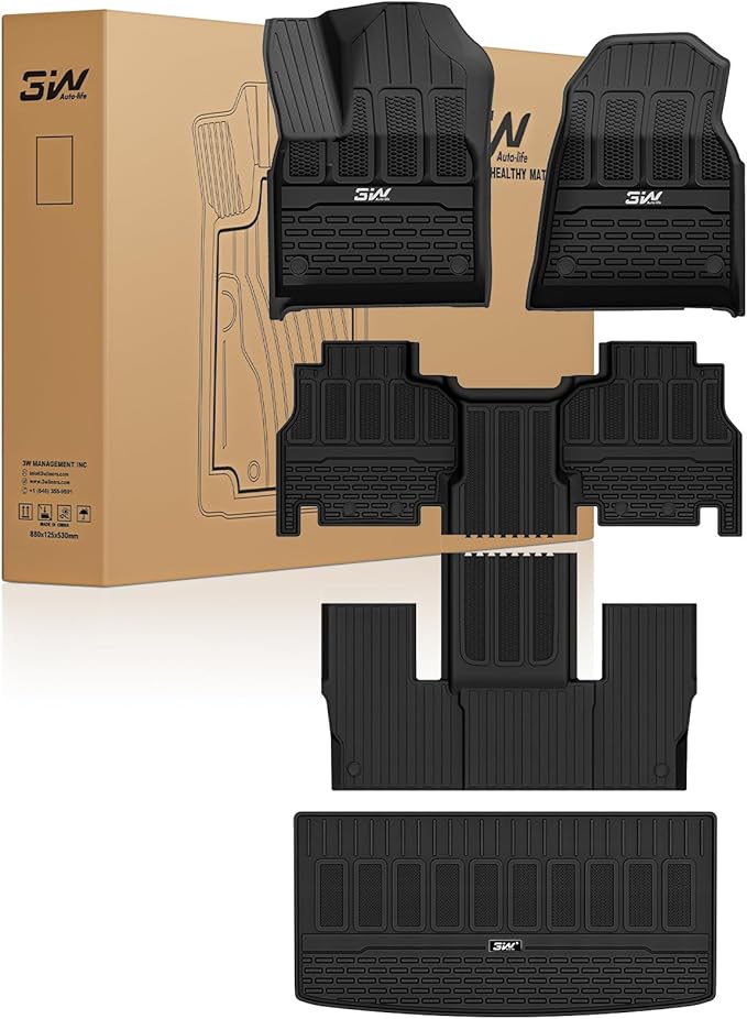 3W Floor Mats & Cargo Liner for Jeep Wagoneer 2022-2026 7-Seat (NOT for 8-Seat/L/S)， with 2nd Row Bench Seat All Weather Protection TPE Full Set Automotive Mat Car Floor Liners Accessories, Black