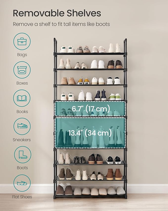 SONGMICS Shoe Rack, 10-Tier Shoe Organizer, Metal Storage Shelf, Upright or Upside Down, for 44-55 Pairs, for Entryway, 11.8 