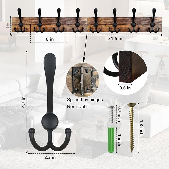 Coat Rack Wall Mount 31.5'' Coat Hanger Wall Mount Burnt Brown Coat Hooks for Wall Rustic Towel Racks for Bathroom Living Roo