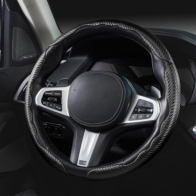 Steering Wheel Cover Carbon Fiber Car Steering Wheel Cover Accessories 14.5-15 inch Universal (Black)