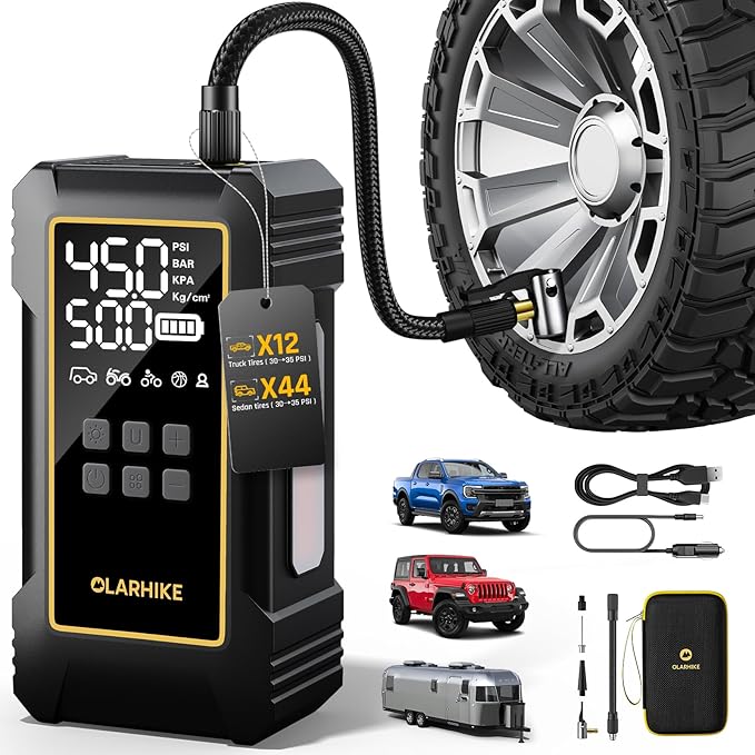 OlarHike 12000mAh Heavy Duty Air Pump,Tire Inflator Portable Air Compressor,150PSI Dual Power 12V &Cordless Battery Car Pump,Auto Compresor de Aire Para Carro with Digital Pressure Gauge,Truck,RV,Jeep