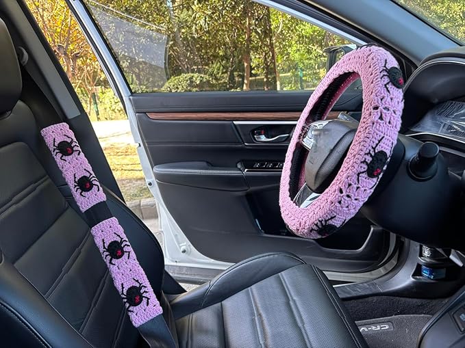 Crochet Spider Steering Wheel Cover Universal 14-15 inch (B,Wheel Cover+2 Belt Cover)
