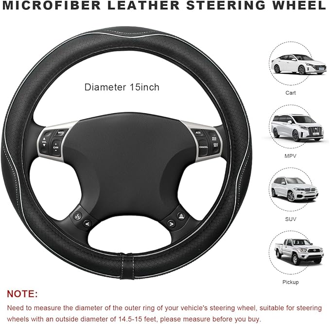 Car Steering Wheel Cover, 15 Inch Anti-Slip Breathable Leather Auto Steering Wheel Protector, Full Surround Soft Steering Whe