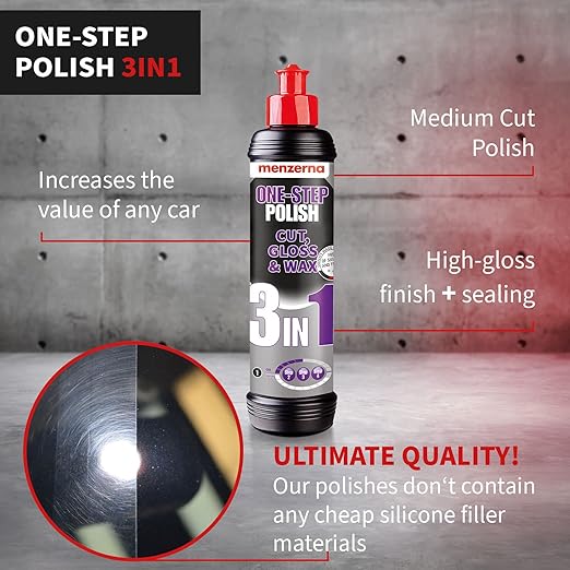 menzerna One-Step Polish 3in1 I Medium Cut Polish with High Gloss Finish & Seal in One I Buffing & Polishing Compound for Car Maintenance I Swirls, Holograms & Scratches I Car Body Repair I 8 fl oz.