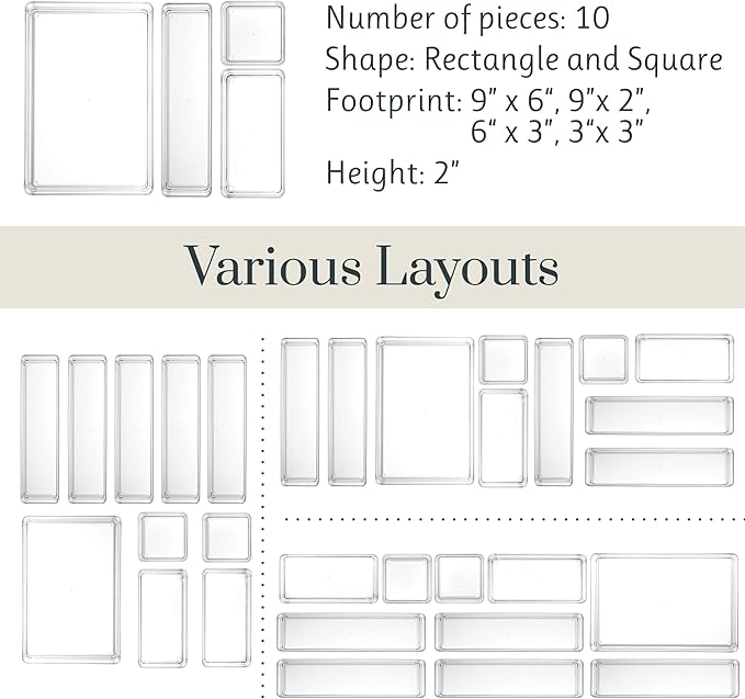 STORi SimpleSort 10-Piece Stackable Clear Drawer Organizer Set | Multi-size Trays | Makeup Vanity Storage Bins and Office Des