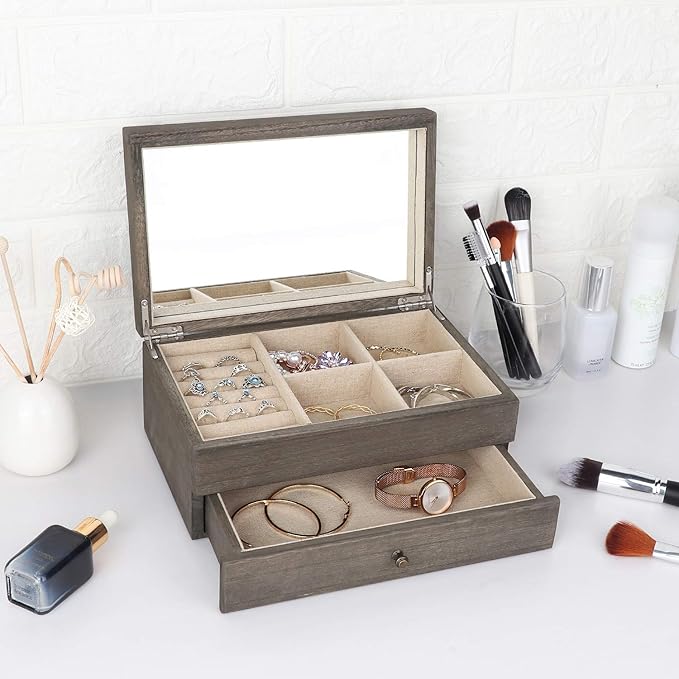 Meangood Jewelry Box Organizer for Women, 2 Layer Large Jewelry Storage Case, Rustic Wooden Jewelry Box with Mirror & Ring Tr