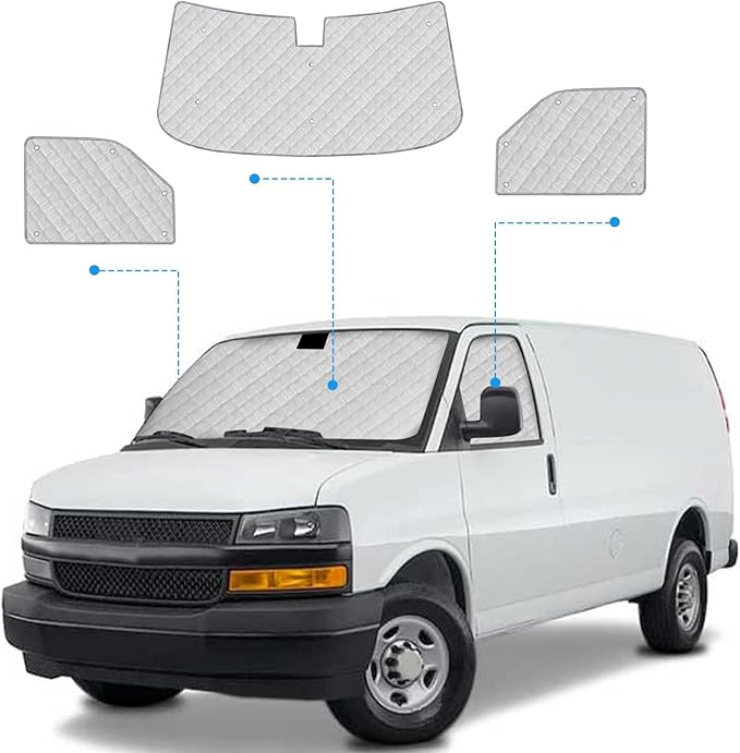 Windshield Sun Shade 3 Set for1996-2022 Express/GMC Savana, Insulated Front Seat Side Sunshade for All Seasons, Blockout UV Reflector Privacy Protection