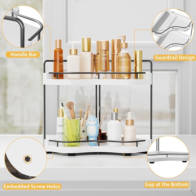 2-Tier Corner Bathroom Counter Organizer with Embedded Screw Holes, Secure & Stable Wood Vanity Shelf for Makeup and Skincare