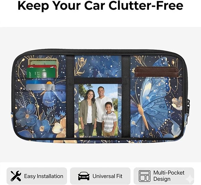 Butterfly Car Visor Organizer for Women Car Visor Storage Pouch Holder Auto Interior Accessories Pocket Cars Truck SUV Storage Pouch Holder, with Multi-Pocket and Zipper