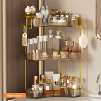3-Tier Corner Bathroom Counter Organizer，Makeup & Skincare Shelf with Built-in Brush Holder，Space-Saving Bathroom Countertop 