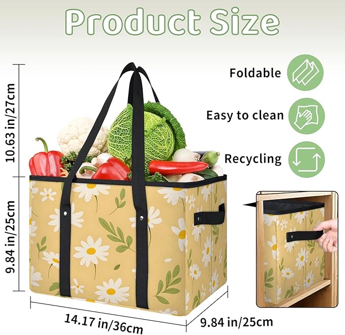 Reusable Grocery Bags Heavy Duty Shopping Bags Foldable Large Tote Bags with Long Handles & Hard Bottom