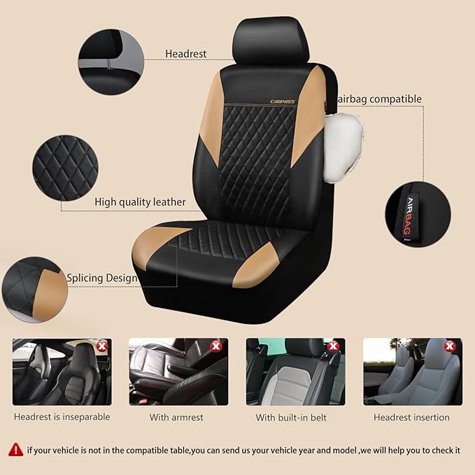 CAR PASS Quilting Leather Front Seat Covers, Automotive Waterproof Deluxe PU Premium Vinyl Luxury Two Front Seats Only Univer