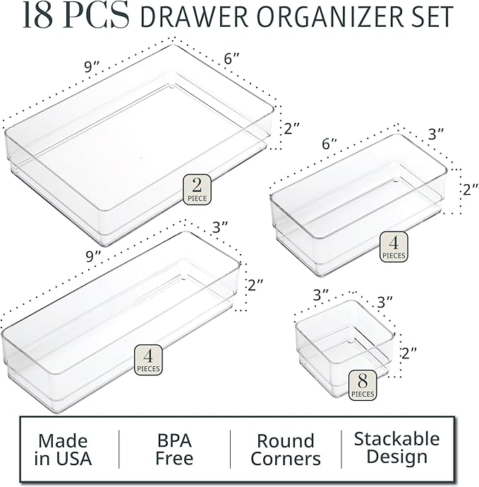 STORi SimpleSort 18-Piece Stackable Clear Drawer Organizer Set | Multi-size Trays | Makeup Vanity Storage Bins and Office Des