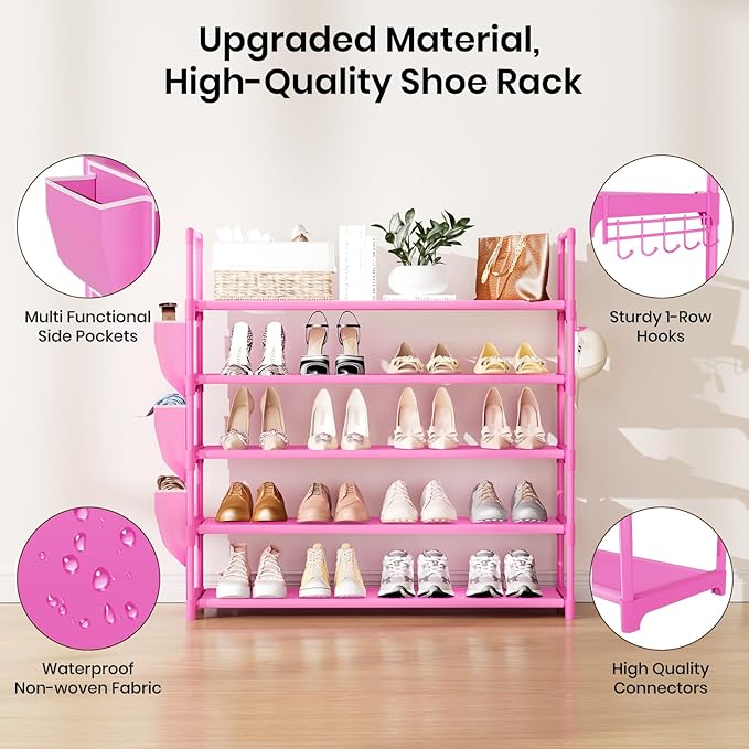 VILICK Shoe Rack for Closet Shoe Organizer Space Saver Storage for 20-25 Pair Shoe Shelf with Hook and Side Pocket Free Stand