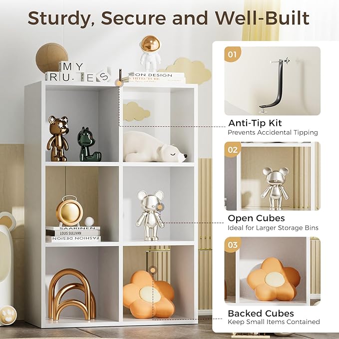 COMHOMA 6 Wood Cube Storage Organizer with Open Back and Removable Back Panels, 11In White Cube Storage Bookshelf, Cubicle Sh