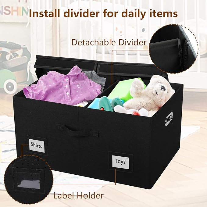 Graciadeco 75 Quarts Extra Large Decorative Storage Bins with Lids, 3 Packs Black Collapsible Storage Bins with Lids, Stackab