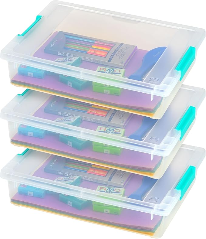 IRIS USA 6 Qt. Craft Storage Bins with Lids, 3-Pack, |Made in USA|, Clip Box, Small Plastic Sensory Bin Tote Organizer Contai