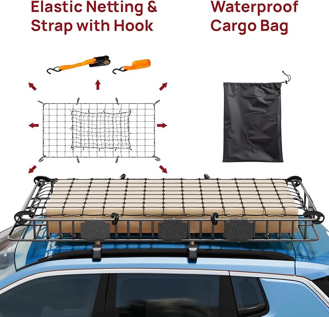 Bonnlo 250lbs Extendable Rooftop Cargo Carrier,84 * 39 * 5.5inch Universal Roof Rack Basket with Rubber Net,Storage Bag,Straps,for SUV/Truck/Van