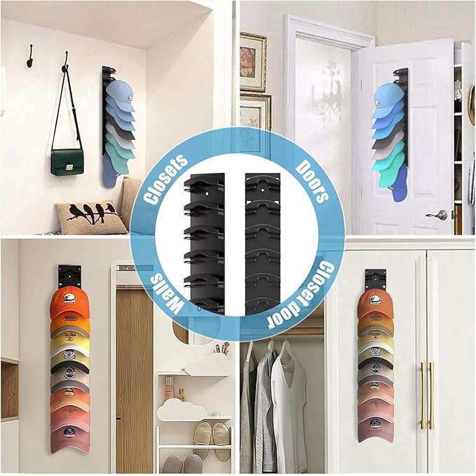 Hat Organizer for Baseball Caps: Hat Rack for Wall & Door, 10-Tier Hat Storage Display Holder Hold up to 20 Hats, Wall Mounte
