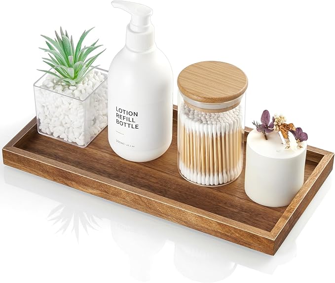 ALELION 11.7" Bathroom Vanity Tray for Counter - Acacia Wood Decorative Tray for Toilet Tank Makeup Perfume Jewelry Catchall 