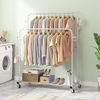 Laiensia Double Rods Garment Rack with Wheels, Clothing Rack for Hanging Clothes,4 Hooks, Multi-functional Bedroom Clothes Ra