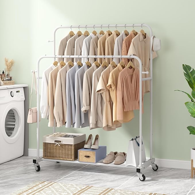 Laiensia Double Rods Garment Rack with Wheels, Clothing Rack for Hanging Clothes,4 Hooks, Multi-functional Bedroom Clothes Ra