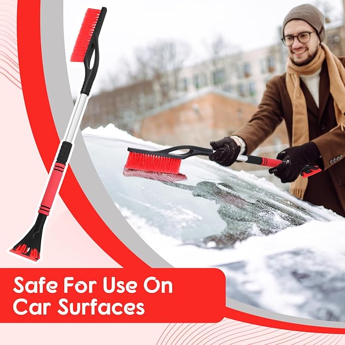 27"-33" Snow Brush and Detachable Ice Scraper with Ergonomic Foam Grip Scalable Range 27" Winter Accessories for Cars Trucks SUV(Red)