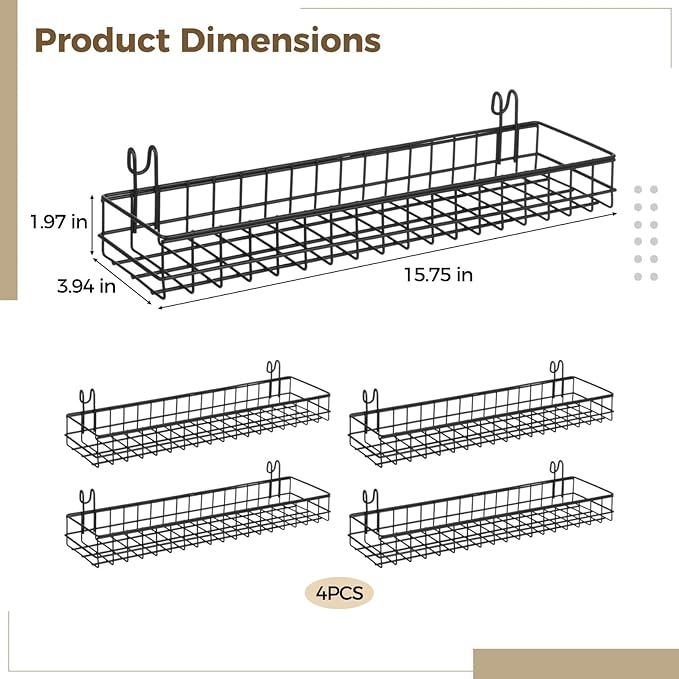 4 Pcs Metal Grid Wall Baskets with Hooks, 15.75 x 3.94 x 1.97 Inch Grid Wall Shelves Hanging Wire Basket Multi Function Stora