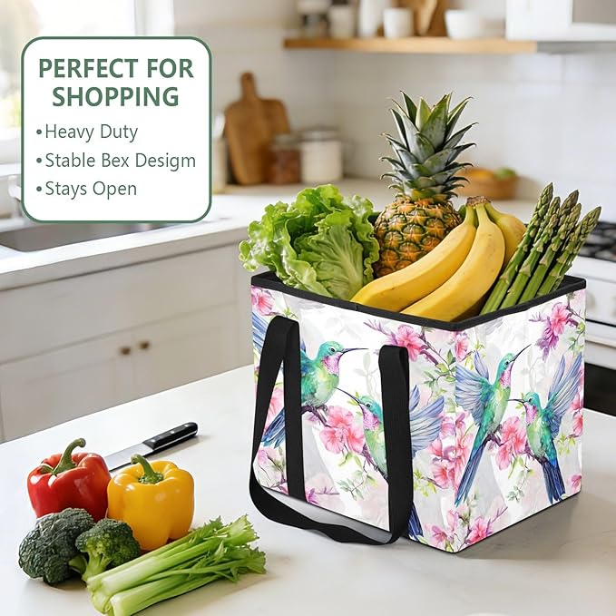 Hummingbirds Reusable Grocery Bags Large Shopping Tote Bag with Reinforced Bottom Board, Water Resistant Foldable Storage Bag