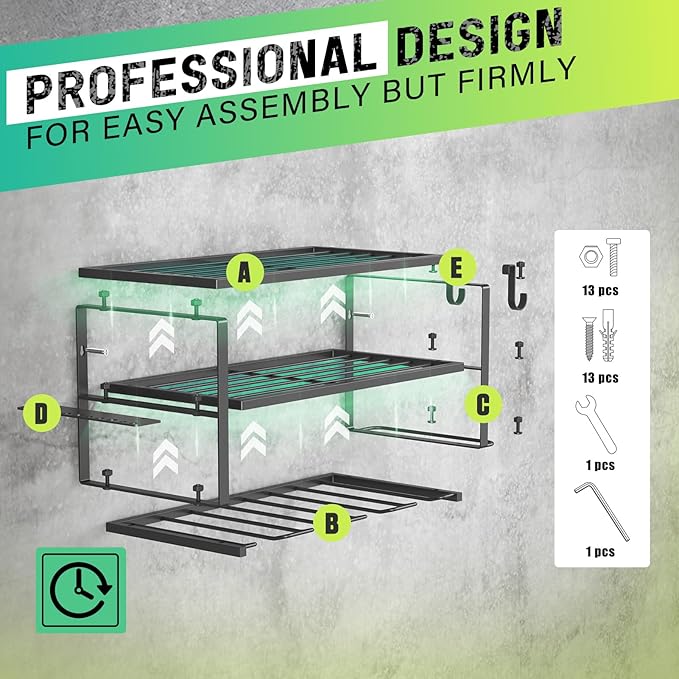 SUNALLY Power Tool Organizer, Heavy Duty Iron, 3 Layers Storage Rack with 4 Drill Holders, Floating Tool Shelf Wall Mounted, 