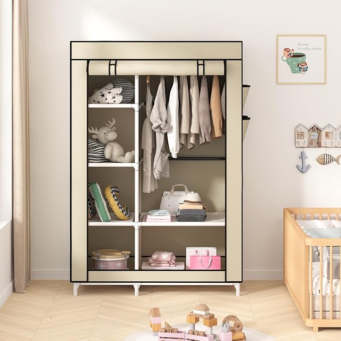 Calmootey Portable Closet Organizers, Clothing Storage, Wardrobe with 6 Shelves and Hanging Rod, Non-Woven Fabric Cover with 