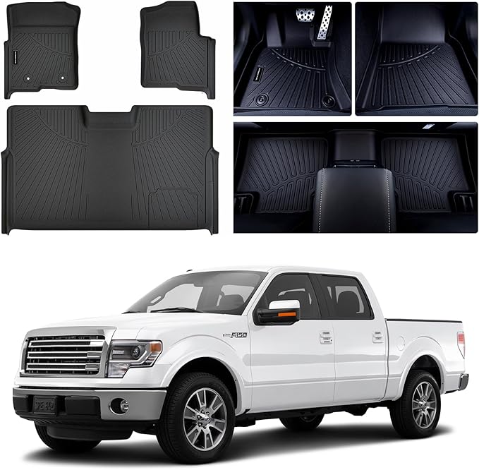 Floor Mats for Ford F-150 SuperCrew/Crew Cab 2010-2014, All-Weather Custom Fit, Front & 2nd Row, 3-Piece Set, Black