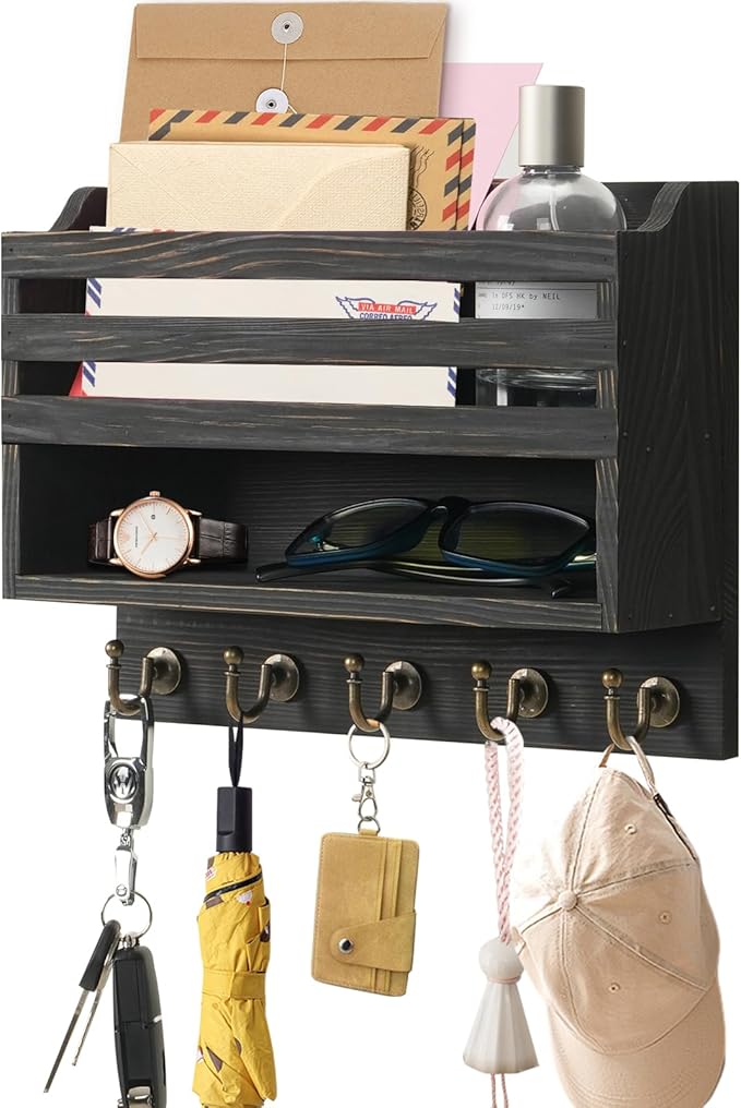 Mail and Key Organizer for Wall – Key Holder Wall Mount with Storage Box and 5 Key Hooks, Mail Holder Wall Mounted for Entryw