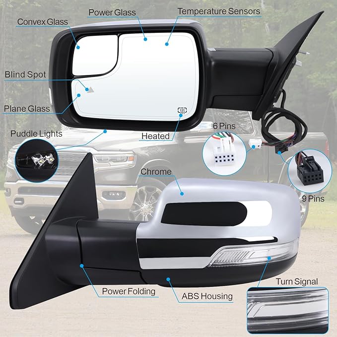Left Driver Side Mirror Fits 2019 2020 2021 2022 2023 2024 2025 2026 Ram 1500 With Power Folding Heated Turn Signal Puddle Light Blind Spot Temperature Sensor Chrome Replace#68462771AB(9+6Pins)