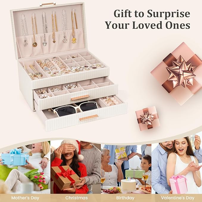 Dajasan Jewelry Box Organizer, 3-Tier Jewelry Storage Organizer with 2 Drawers, Large Jewelry Boxes for Women, PU Leather Sur