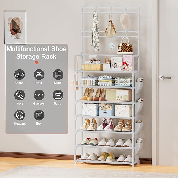 Shoe Rack 7 Tier Shoe Organizer Storage 21-28 Pairs Closet Shoes Rack for Front Door Entrance Shoe Rack Organizer with Hooks 
