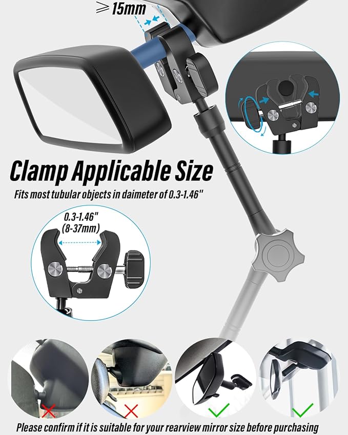 woleyi Car Rearview Mirror Tablet Holder Clip - [Metal Arm] Rear View Mirror Tablet Mount for Car Accessories with 360 Rotatable and Retractable for iPad Pro 13 Air Mini, Galaxy, Fire, 6-15.6" Devices