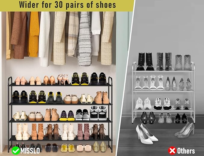 MISSLO 4 Tier Long Shoe Organizer for Closet Shoe Rack for Bedroom Closet Floor Shoe Shelf for Entryway Storage Stackable Wid