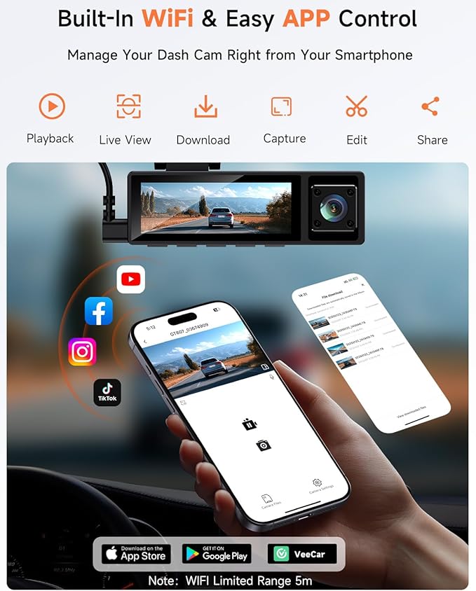 4K 3 Channel Dash Cam Front and Rear,4K+2.5K+1080P Dash Camera for Cars Inside,3.2" Screen Dash Camera for Cars, WiFi APP Con