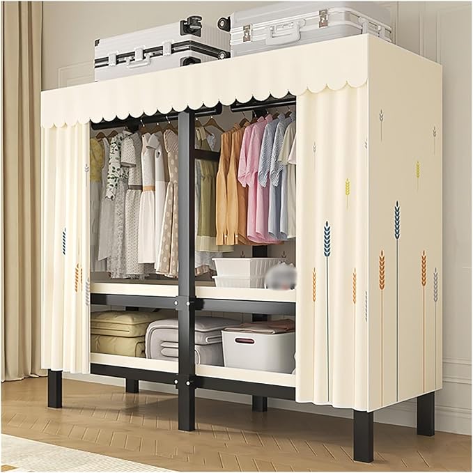 Portable Foldable Wardrobe Closet with Cover – Freestanding Clothes Rack for Bedroom, Metal Garment Organizer with Hanging Ro