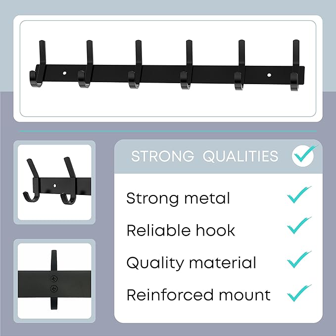 Matte Black Coat Rack Wall Mount – 17 Inch Stainless Steel Hook Rail with 6 Double Coat Hooks – Wall Mounted Entryway Organiz